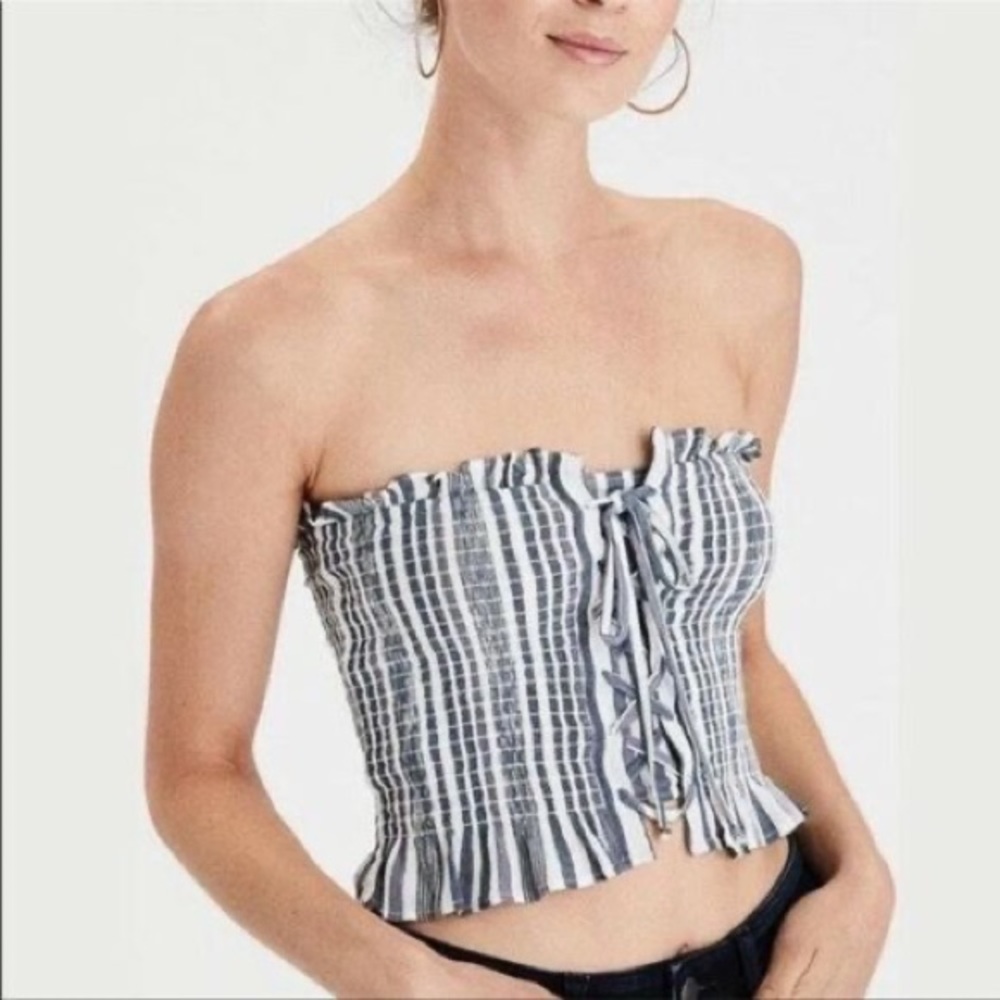 American Eagle • Blue Striped Lace Up Tube Top